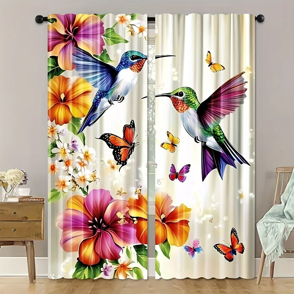 

Шторы для окон с изображением колибри и бабочек, яркие занавески с тропическими птицами и цветами для спальни, без карниза, быстрая установка