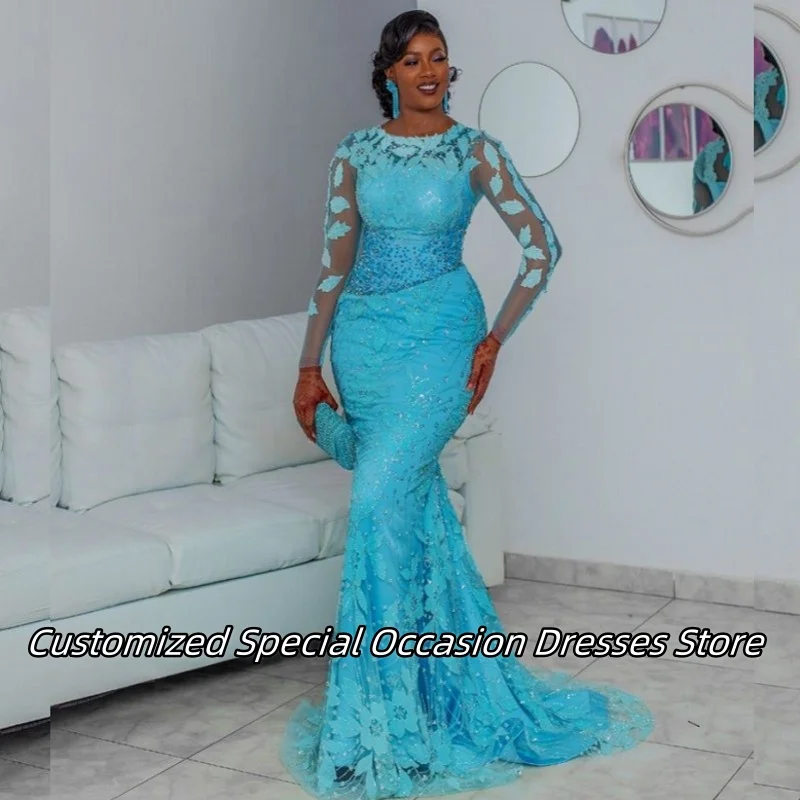 

Blue Beaded Applique Long Mermaid Evening Dresses For Nigerian Girls Luxury Party Prom Dress Vestidos De Festa 2025 Customized