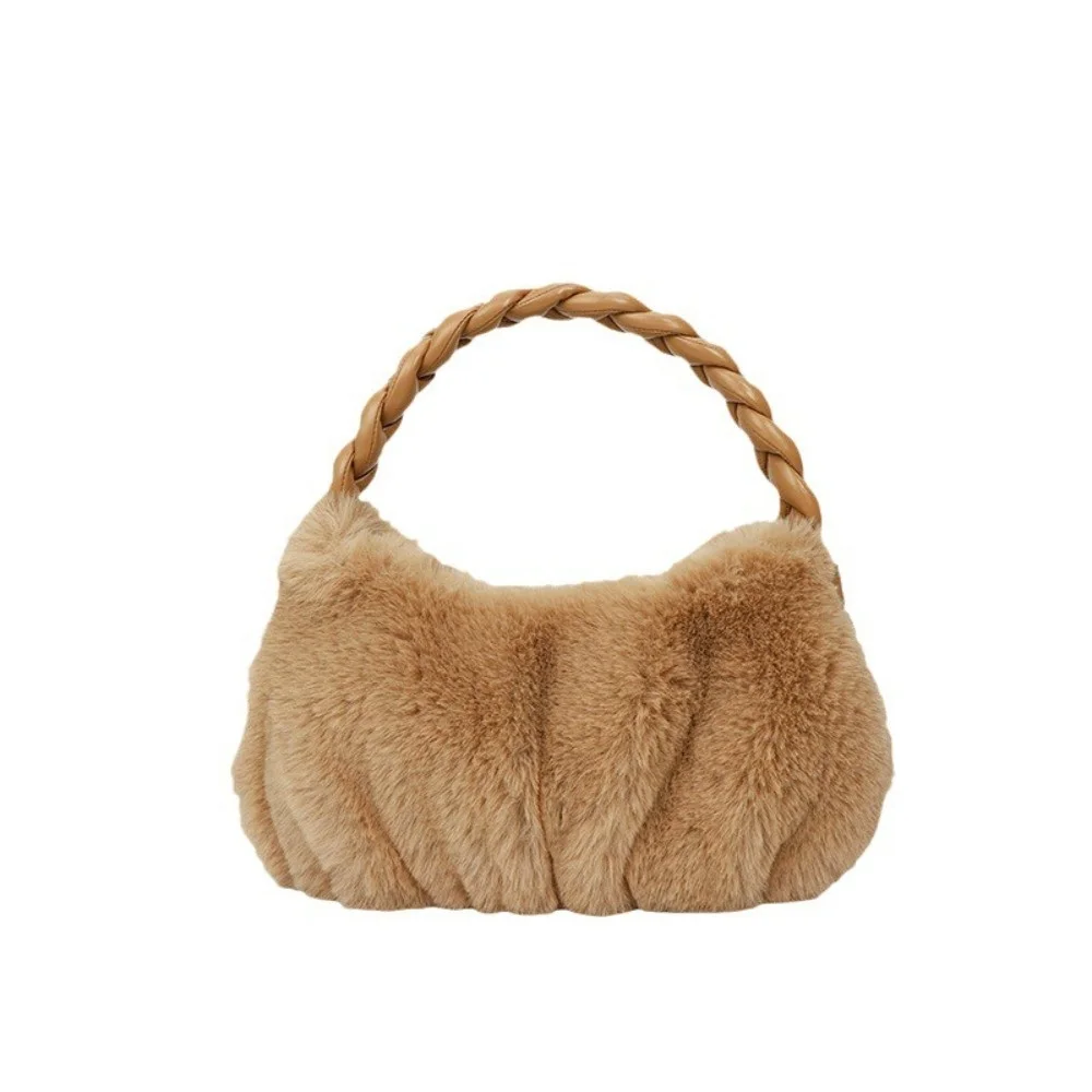 

Elegant Furry Shoulder Bag Fluffy Solid Color Handbag Zipper Soft Clutch Bag