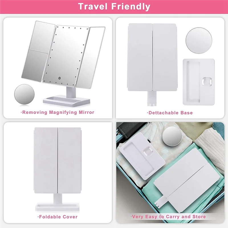 A75X Top Trifold แต่งหน้ากระจก 22 ไฟ LED, 10X/3X/2X การขยายแบบพกพาพับ Lighted โต๊ะกระจกเครื่องสําอาง