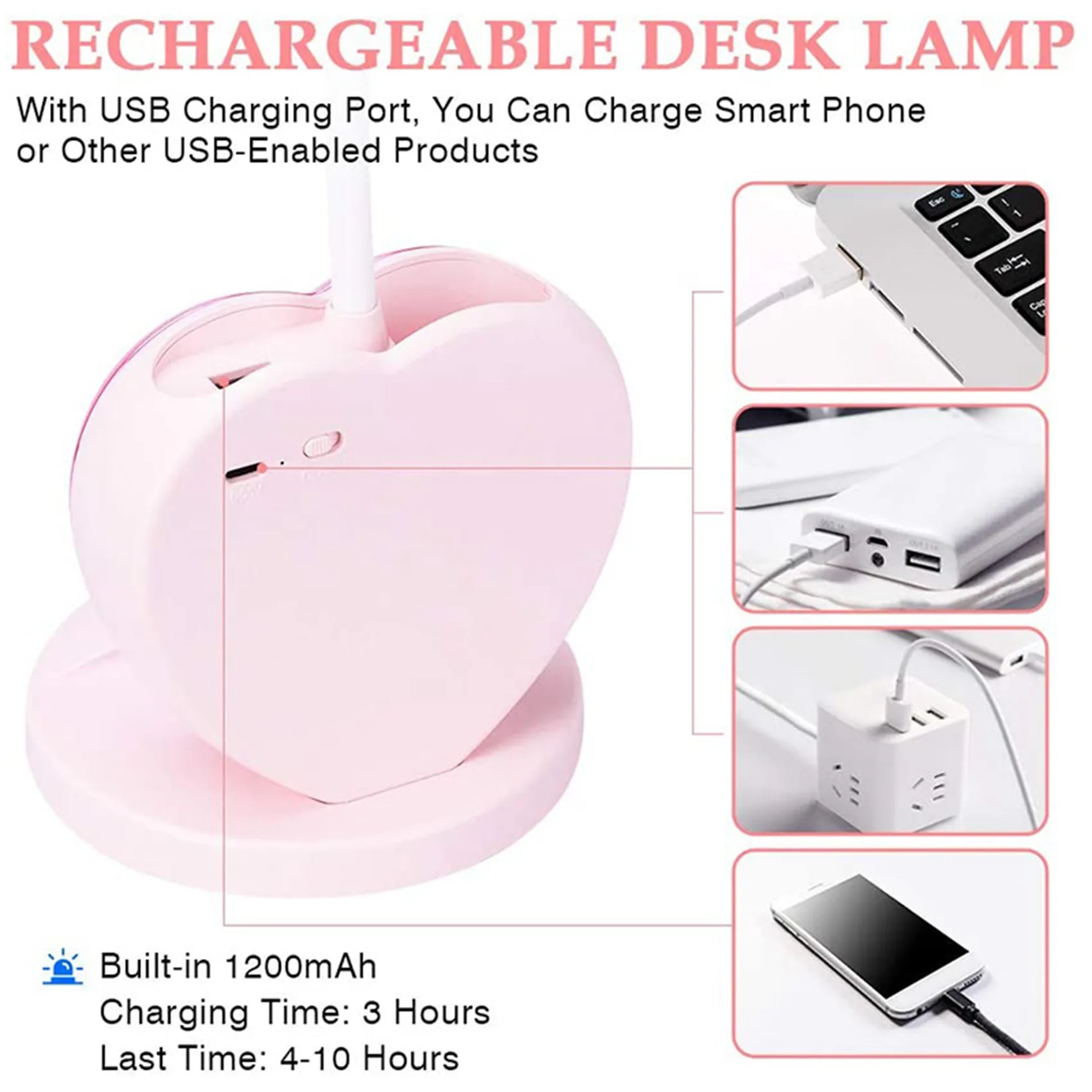 2X LED Desk Lamp For Girls, Rechargeable LED Desk Lamp With USB Charging Port & Pen Holder, Eye-Caring Dimmable Pink-AT36