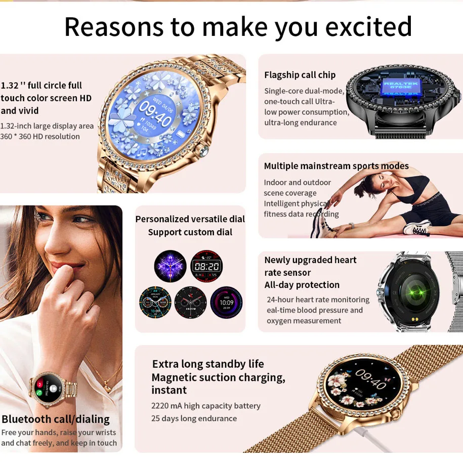 696 New Blue Tooth Call Women Smart Watch Sports Fitness Bracelet Waterproof Body Temperature Lady Clock Music Girl Smartwatch
