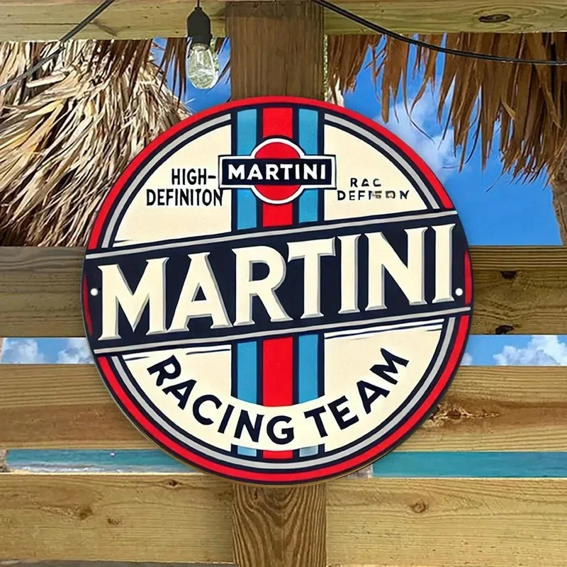 1Pc 2D Flat Round Metal Sign, Martini Racing Team HD Print, 19.99cm Vintage Metal Wall Decor, Racing Enthusiast Wall Art Plaque