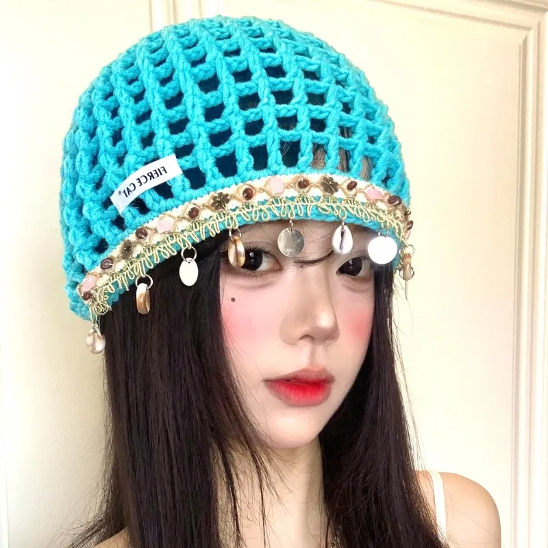 Korean Version Ins Hand-woven Shell Hollow Pullover Hat for Women Summer Niche Bohemian Knitted Hats Thin Breathable Beanie Caps