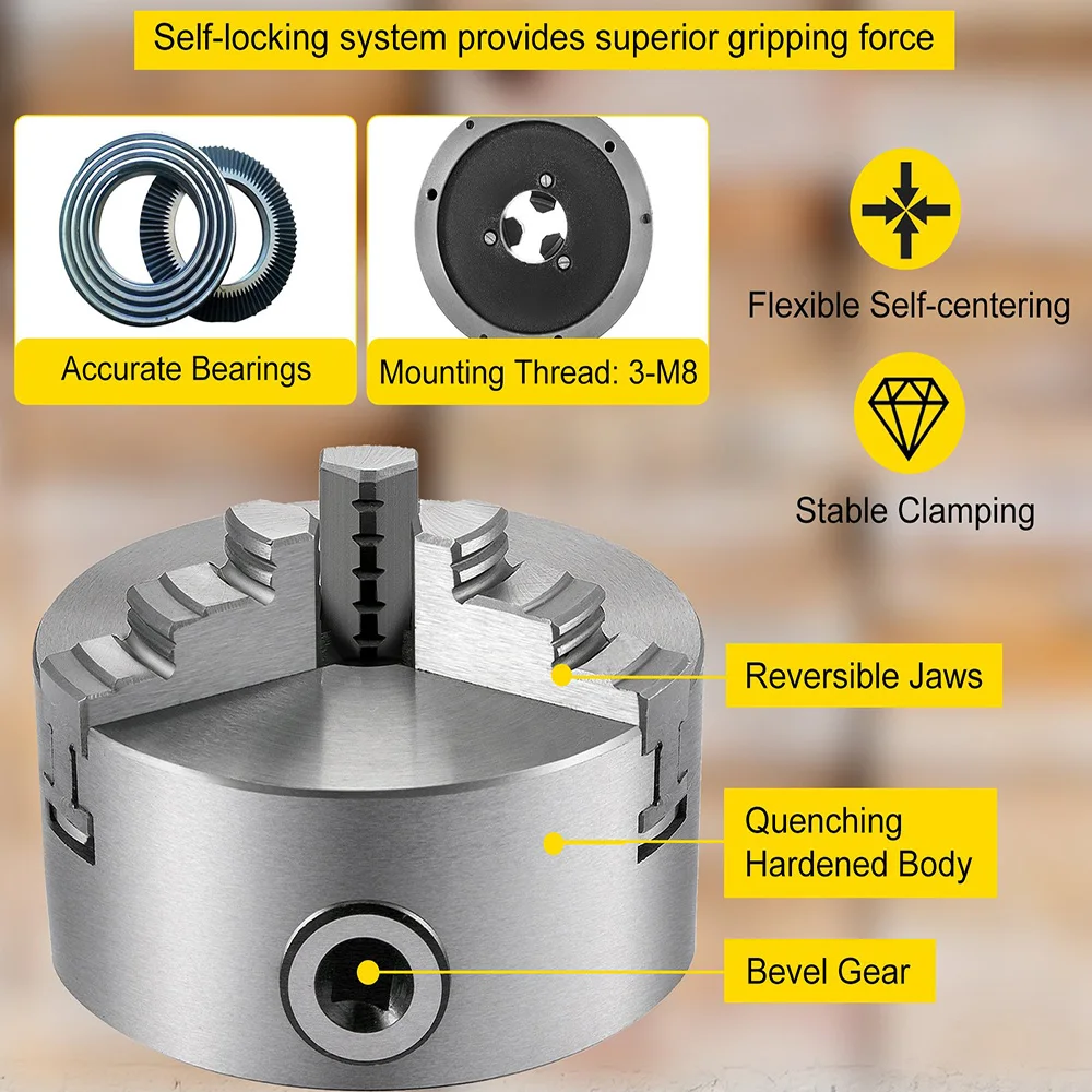Патрон токарный, Самоцентрирующийся Зажимной патрон из закаленной стали, внутреннее и внешнее шлифование для токарного станка, сверлильного фрезерного станка