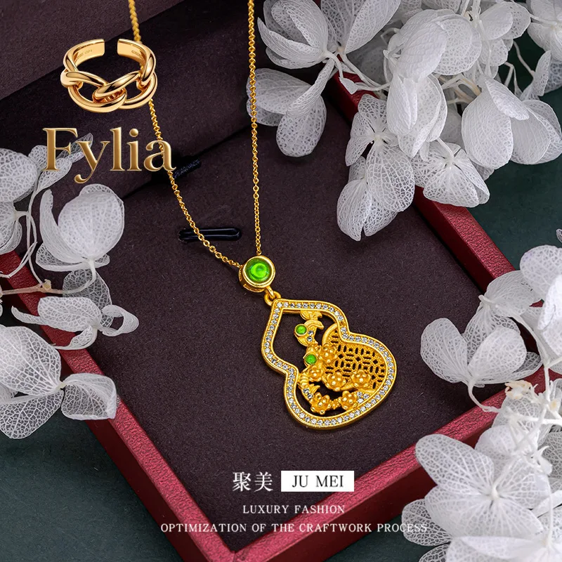 Fylia Jewelry   Gold national trend necklace 24K real  lily of the valley flower gourd pendant Ruyi lock bag 9999 retro styl