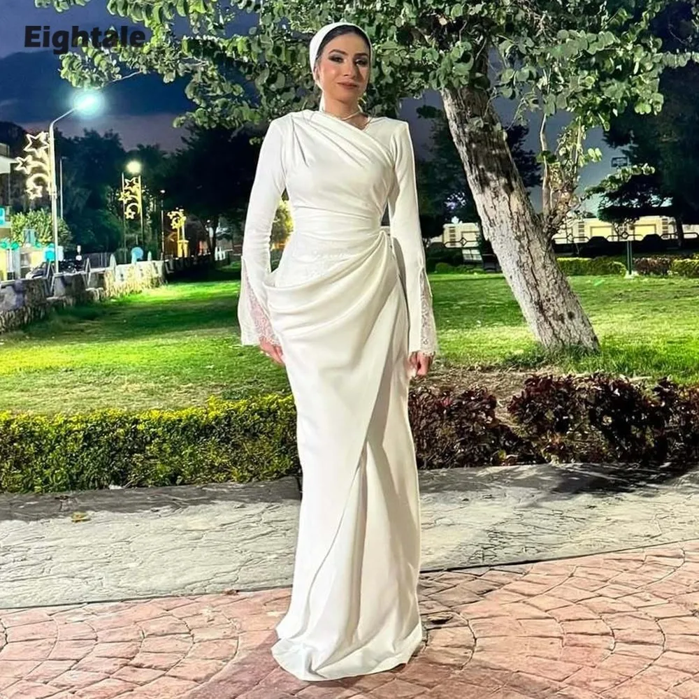 

Eightale Arabic Wedding Dresses Customized Pleats Long Sleeves Lace Ivory Muslim Satin Mermaid Bridal Gowns Vestidos De Novia