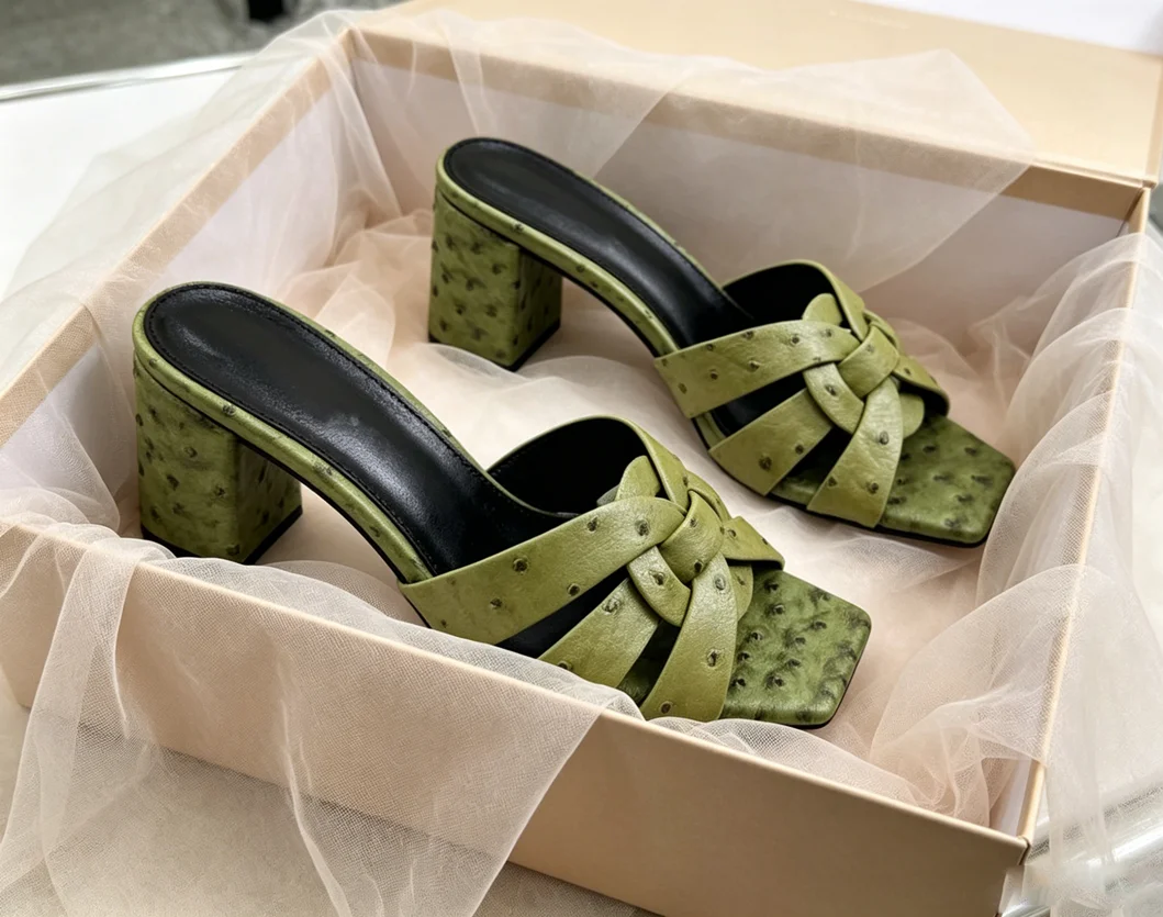 

Lichee Pattern Leather Cross Strap 6.5Cm Heeled Sandals Women Shoes Chunky Heels Slide Women High Heel Square Toe Shoes
