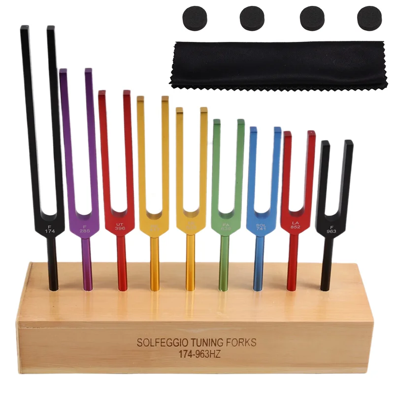 

ABHS-Complete Colored Tuning Forks Ensemble, 9 Pieces With Hammer And Wooden Box For Meditation And Yoga Instrument