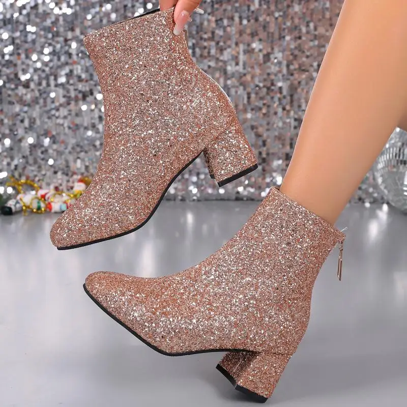 Bottines Chelsea de luxe à paillettes argentées pour femmes, bottines d'automne à bout carré avec fermeture éclair arrière, Sexy, or brillant, talons hauts, bottines de fête, 2025