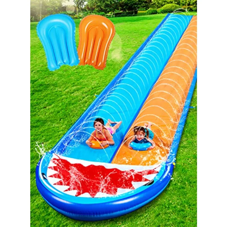 Sloosh Shark Double toboggan aquatique 22,5 pieds glissement et toboggan pour pelouse robuste avec arroseur et 2 planches gonflables antidérapantes pour Par
