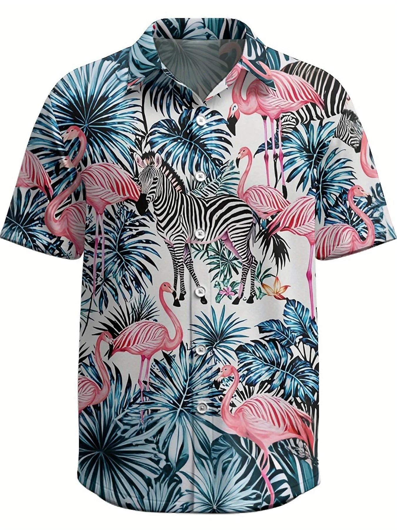 Men's Large Size Hawaiian Shirt - Zebra and Flamingo Pattern, Colorful Aloha Shirt, Casual ,Ideal Gift for Family and Friends