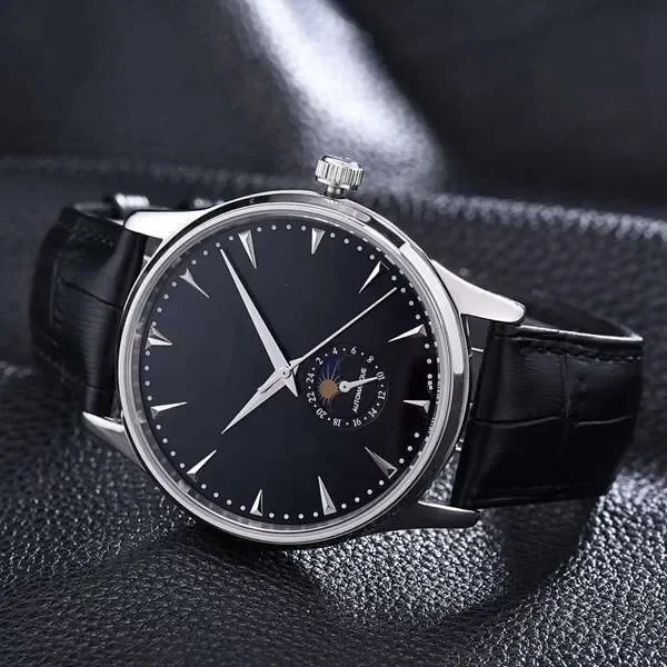 39mm Luxury New Moon Phase Men Automatic Mechanical Watch  Black Leather Sport Watches