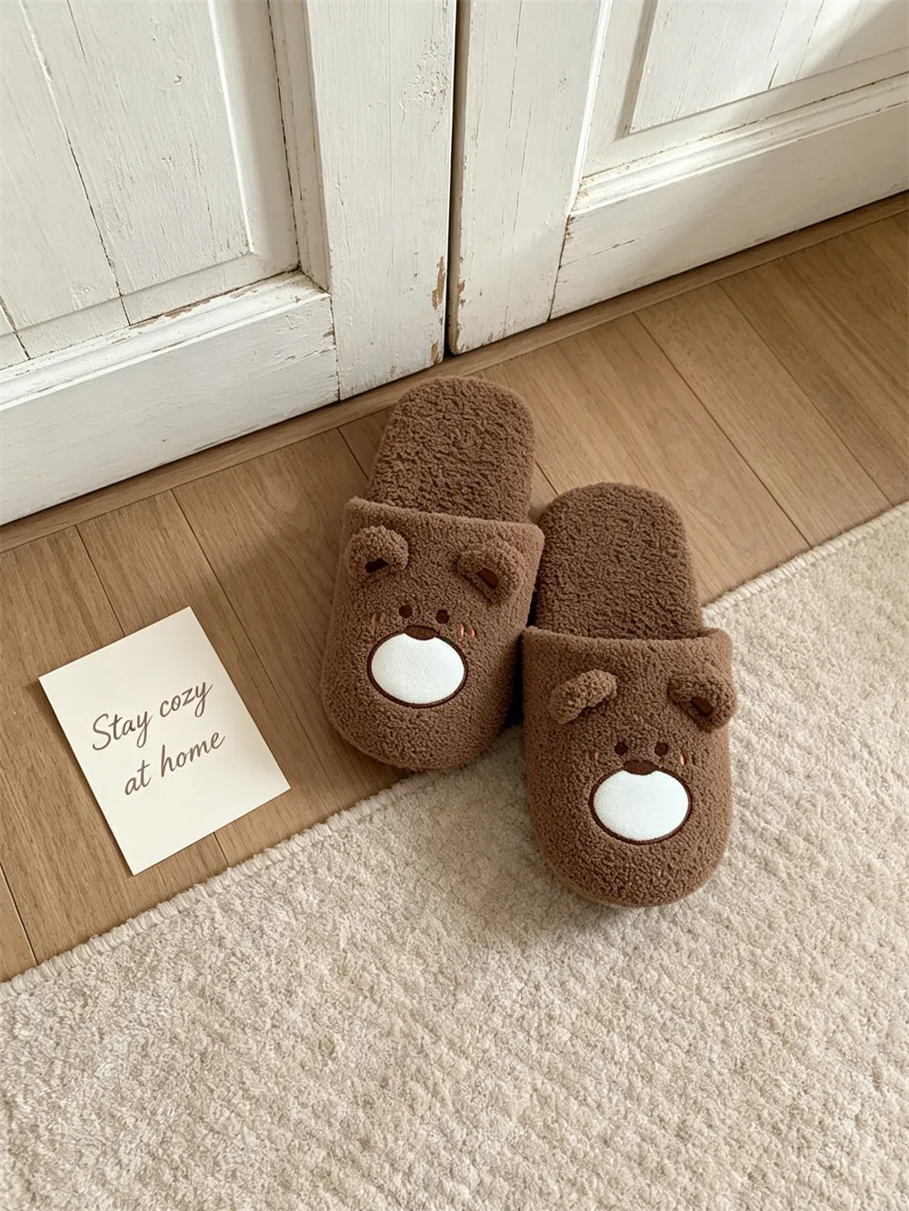Women Home Slippers 2026 New Men Women Couple Plush Household Slippers Cute Bear Cotton Cozy Non Slip Indoor Slippers