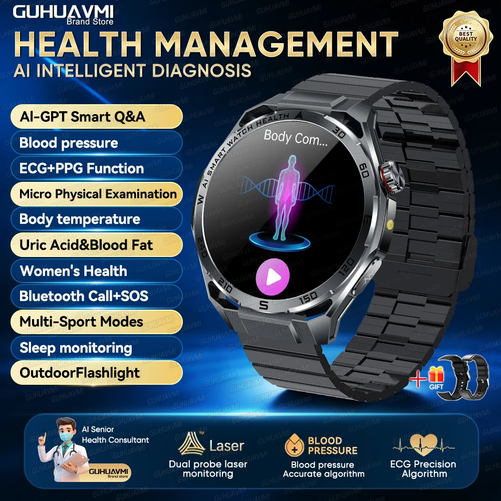 2026 AI Gezondheidsdiagnose ECG+PPG SmartWatch Mannen Bloeddruk Lipiden Urinezuur Hartanalyse 1,53-inch Bluetooth-oproep Smartwatch