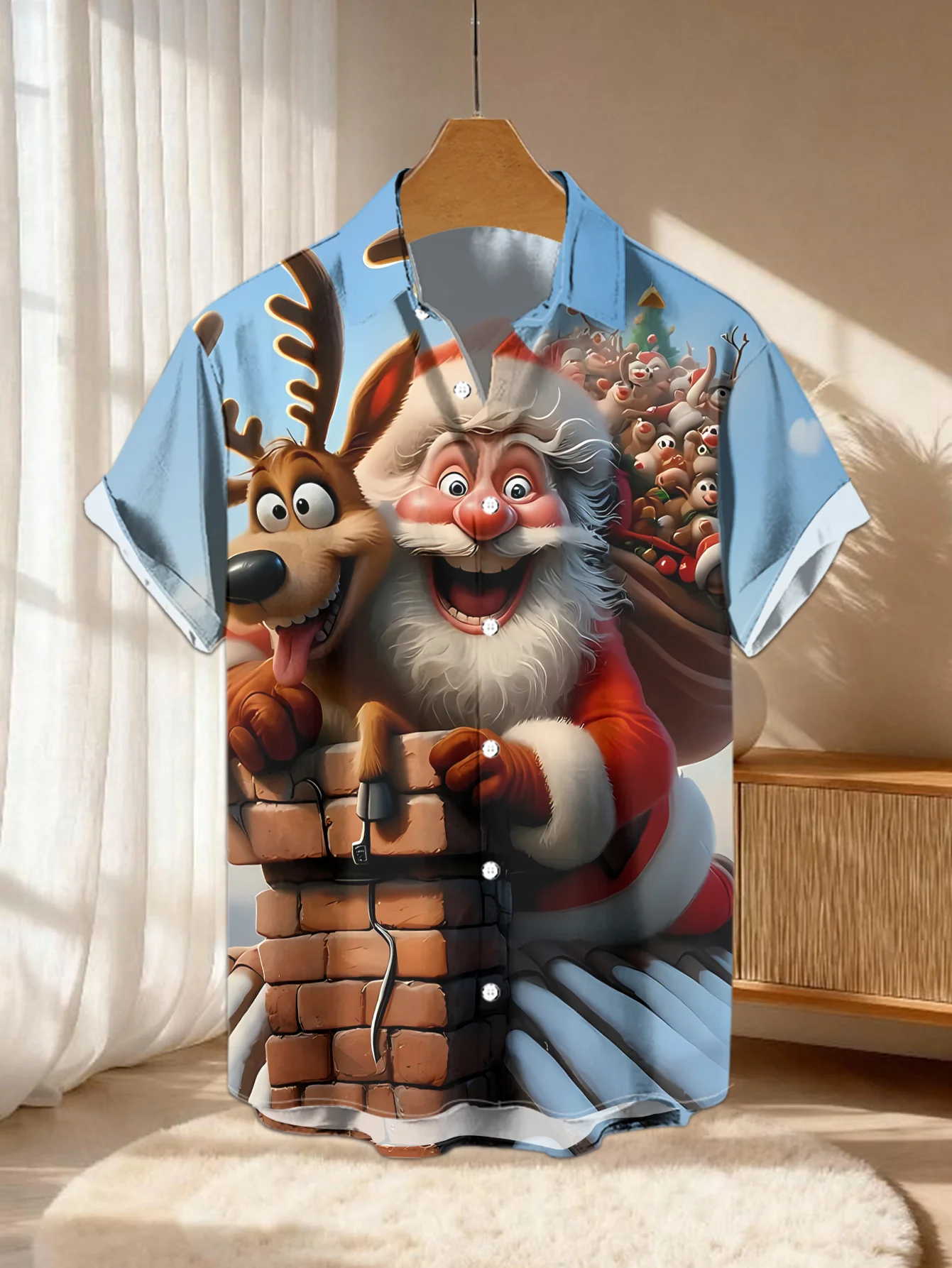Camisa de manga corta para hombre, con estampado navideño de Papá Noel, renos y chimeneas, cuello con solapa, estilo casual, ideal para fiestas navideñas, con botones, ropa de hombre.