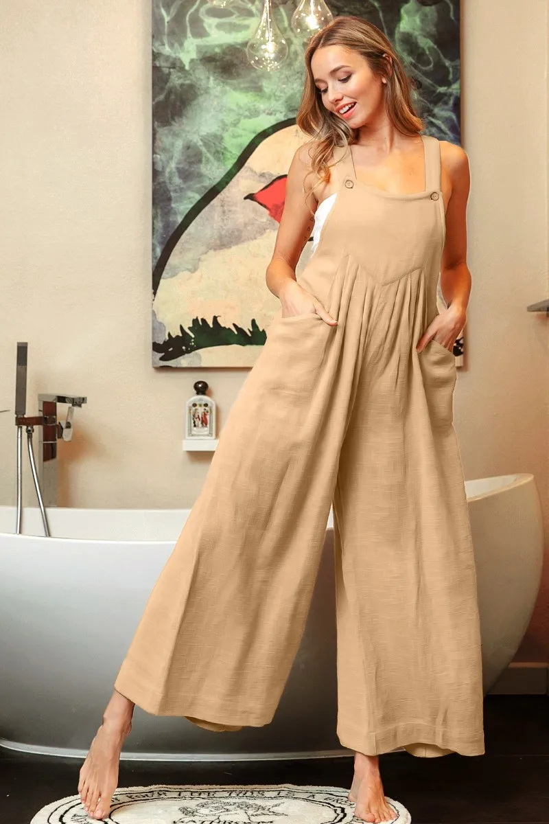 European and American 2024 Women's Summer Sling Pants Fashion Two Pocket Jumpsuit Wide Leg Pants