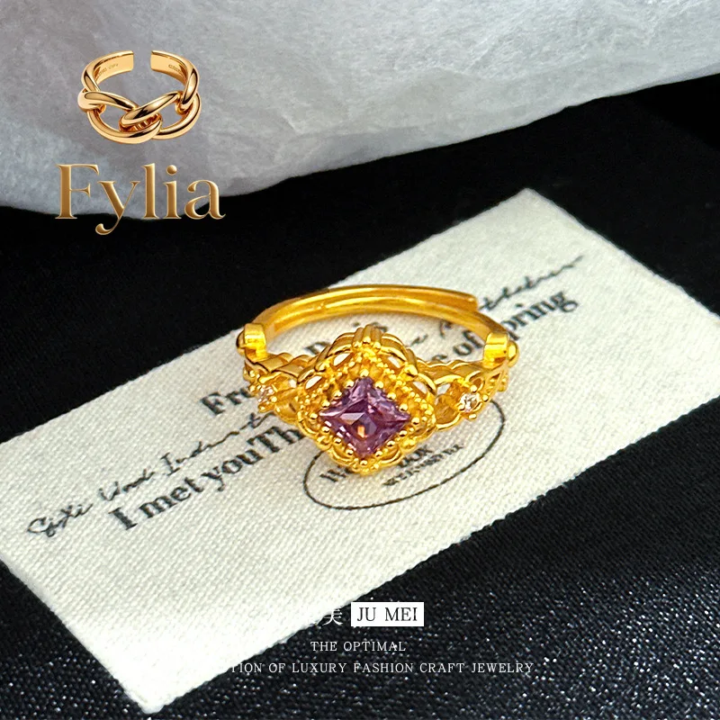 Fylia Jewelry  24K real gold light luxury medieval style design lace purple star dot diamond ring  9999 white purple gem movable