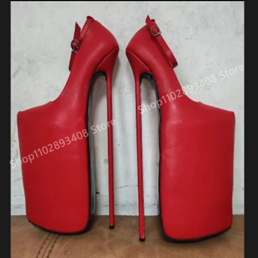 

Красные туфли-лодочки с пряжкой на щиколотке, экстремально высокий каблук-шпилька, супер-платформа, в стиле косплей, модная женская обувь, лето 2025