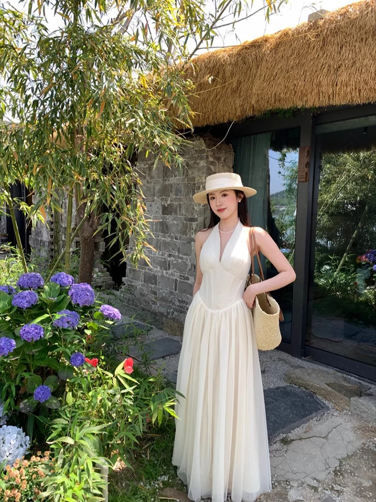 

French style fishbone V-neck hanging neck dress women's summer design mesh waist cinched elegant slim A-line long skirt