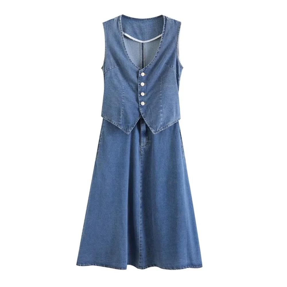 

Taop&Za 2024 Autumn New Product Women's Fashion Style Slimming Sleeveless V-neck Single breasted Long Dress