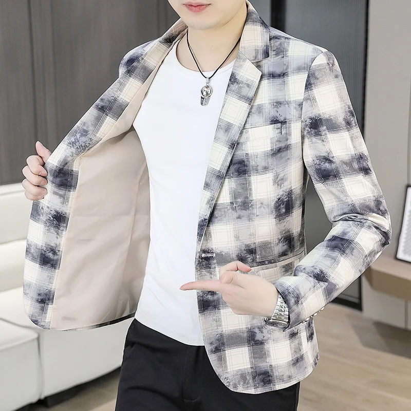 

Blazer Men's Fashion Gentleman Business Korean Version Trendy Performance Checkered Banquet Host Casual Wedding Coat