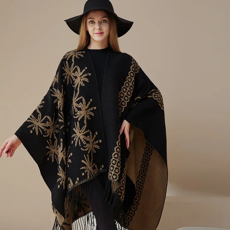 Imitation Cashmere Poncho Fashionable Autumn Winter Shawl New Small Fresh Flower Cardigan With Tassel Split Warmth Cape Cloak