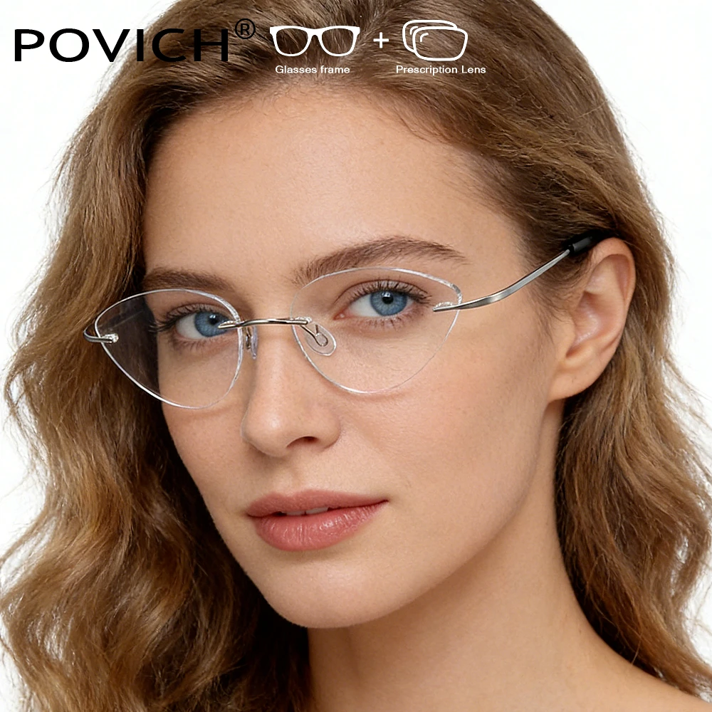 Titanium Rimless Glasses Myopia Reading Prescription  Recipe Lenses ADD Progressive Anti blue light Cat Eye Eyeglasses Women
