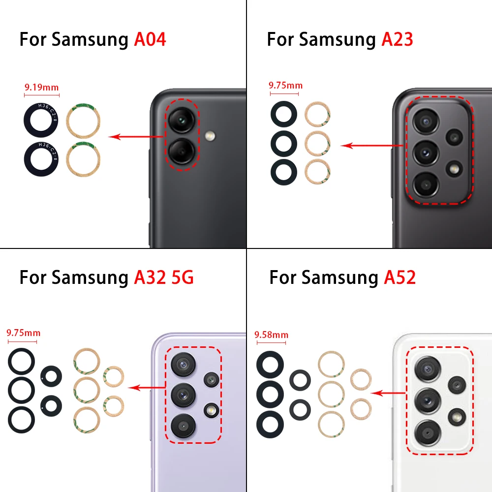 

Стеклянные линзы для задней камеры Samsung A04, A04S, A23, A33, A53, A73, A42, A72, A13, 4G, A32, стеклянные линзы для задней камеры с клейкой, 20 шт.