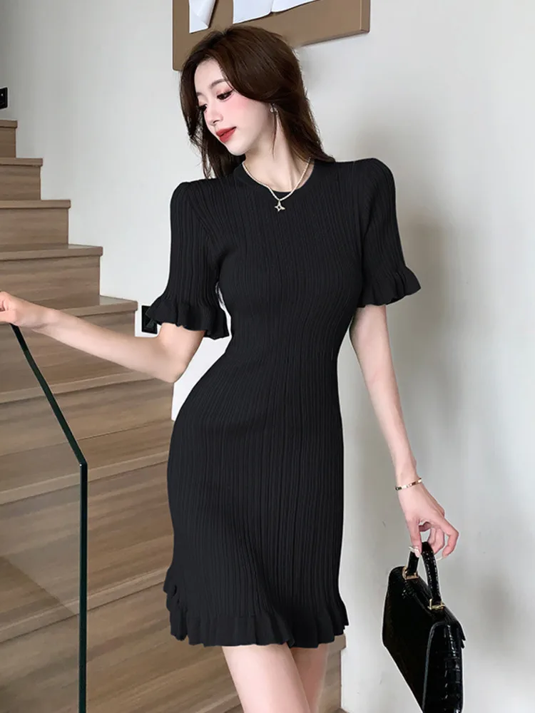 Women Summer O-Neck Knitting Dress Casual Vestidos Elegant Simple Office Party Dress Ladies Short Sleeve Sheath Pleated Dresses