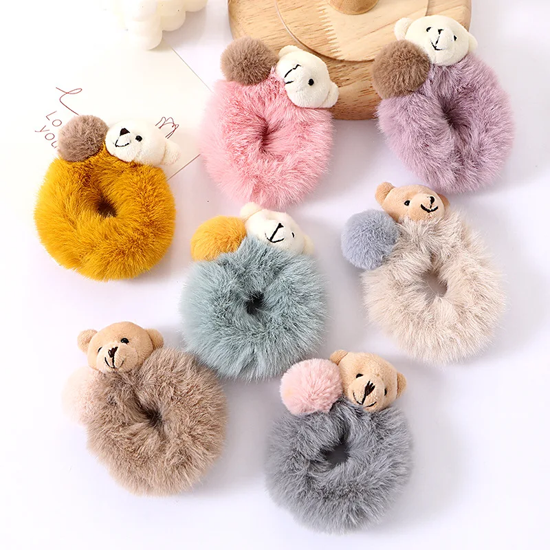 Cartoon Bear Furry Ball Hair Rope Antumn Winter Warm Cute Scrunchie Elastic Ponytail Holder Women Girls Hair Accessories Gift