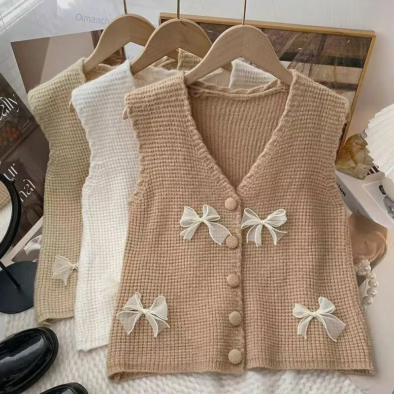 Autumn New Sweet Bow Solid Color V-neck Sleeveless Sweater Vest Female All-match Young Style Buttons Knitting Loose Cardigan