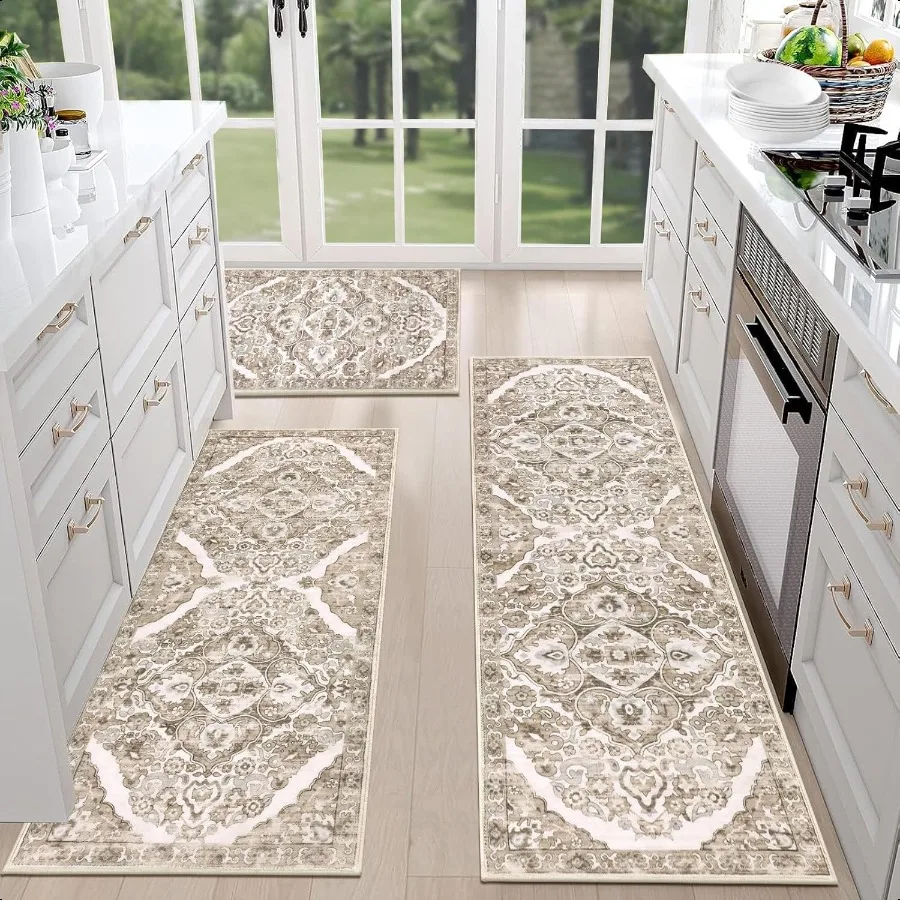 

HEBE Farmhouse Kitchen Rugs Sets of 3 Non Slip Washable Boho Kitchen Rugs and Mats for Floor Kitchen Runner Rug Floor Carpet fo