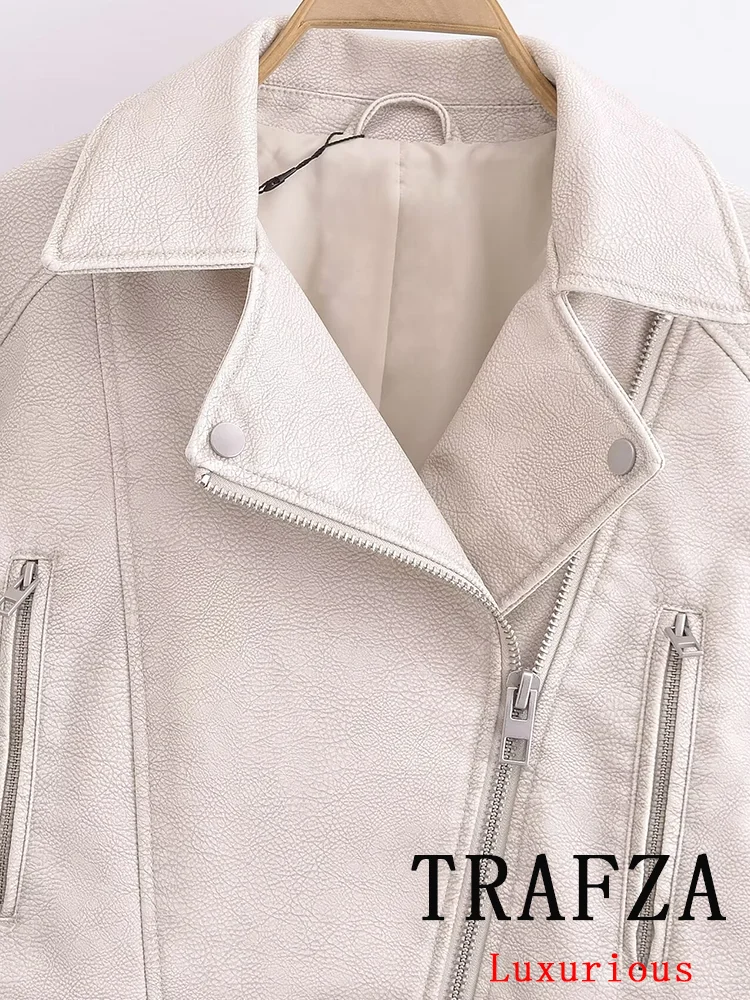 TRAFZA Vintage Casual Chic Women Jackets Solid Turn-down Collar Zipper Short Coats New Fashion 2024 Spring Summer Female Jacket