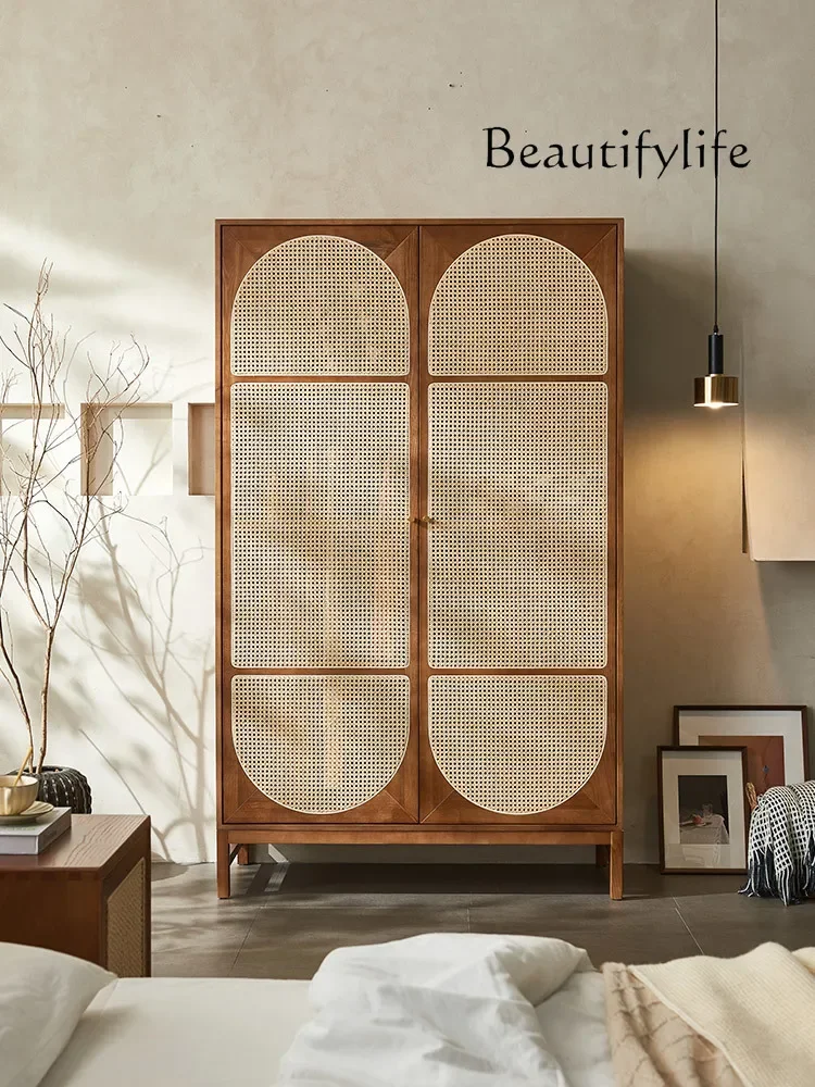 

Nordic Minimalism Solid Wood Rattan Wardrobe Japanese Style Double Door Cabinet Homestay Hotel Rattan Furniture