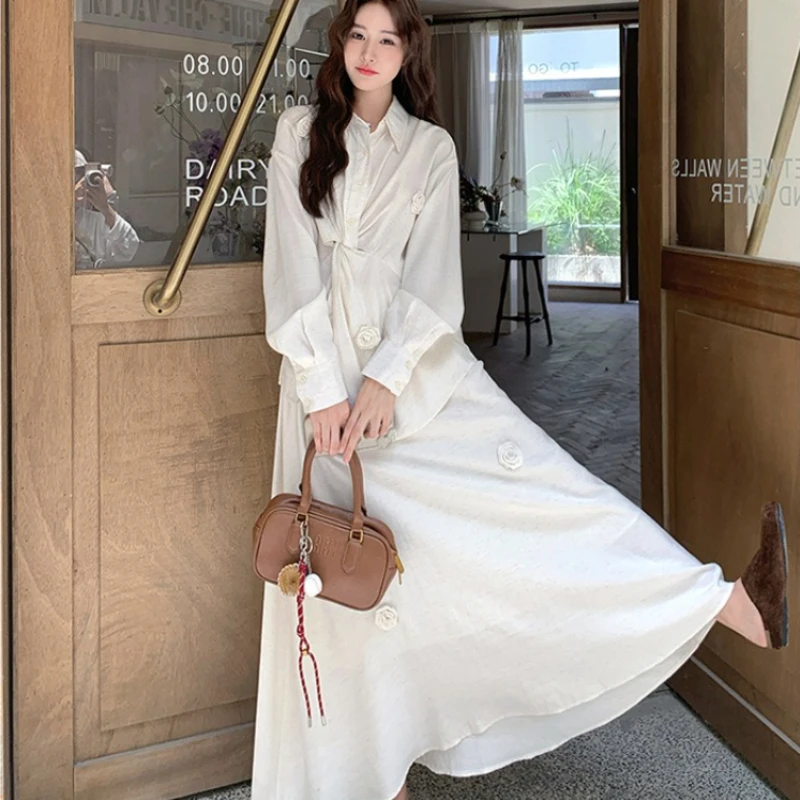 النمط الفرنسي الأنيق قطعتين مجموعة المرأة خريف 2025 جديد ثلاثي الأبعاد زهرة تصميم تحسس أعلى + الرجعية نصف تنورة