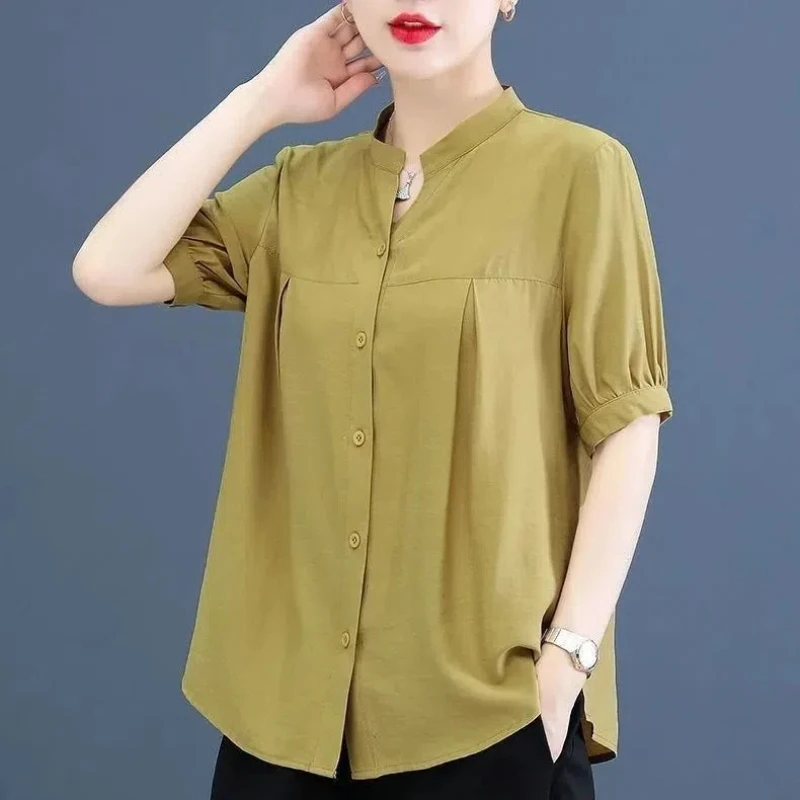 

Office Lady Solid Color Loose Blouse Summer New Short Sleeve Button Simplicity Vintage Shirt Tops Casual Fashion Women Clothing