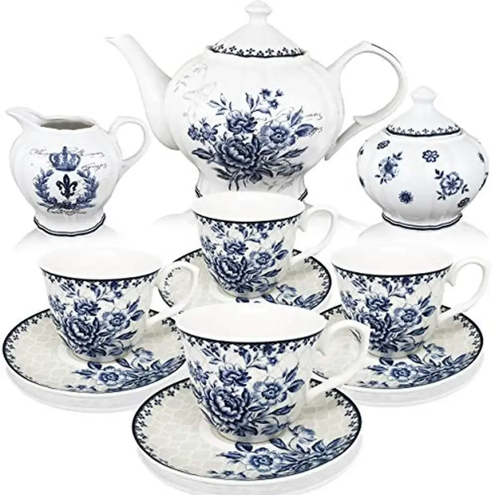 

Porcelain Tea Set with 48oz Tea Pot 8oz Tea Cups Creamer Sugar Set Blue Dream Design