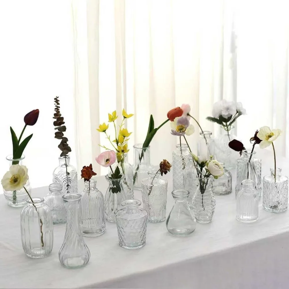 Vintage Mini Glass Vase Set Creative Transparent Small Flower Pot Floral Arrangements Relief Design Hydroponic Plant Vase Home