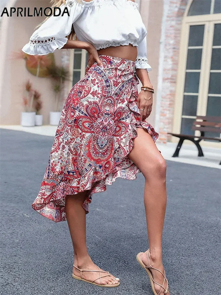 

High Waist Holiday Boho Ruffle Hem Wrap Skirt Paisley Print Tie Side Retro Bohemian Womens Summer High Low Long Skirts 2024