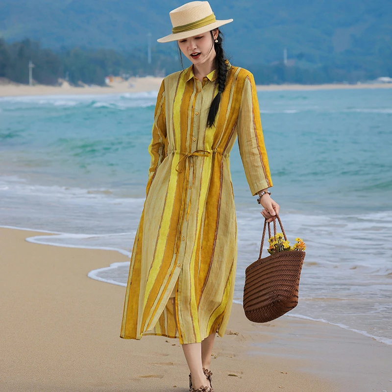 High Quality Ramie Long Dress Women New Arrival 2026 Spring Vintage Striped Loose Comfortable Female Casual Shirt Dresses M2463