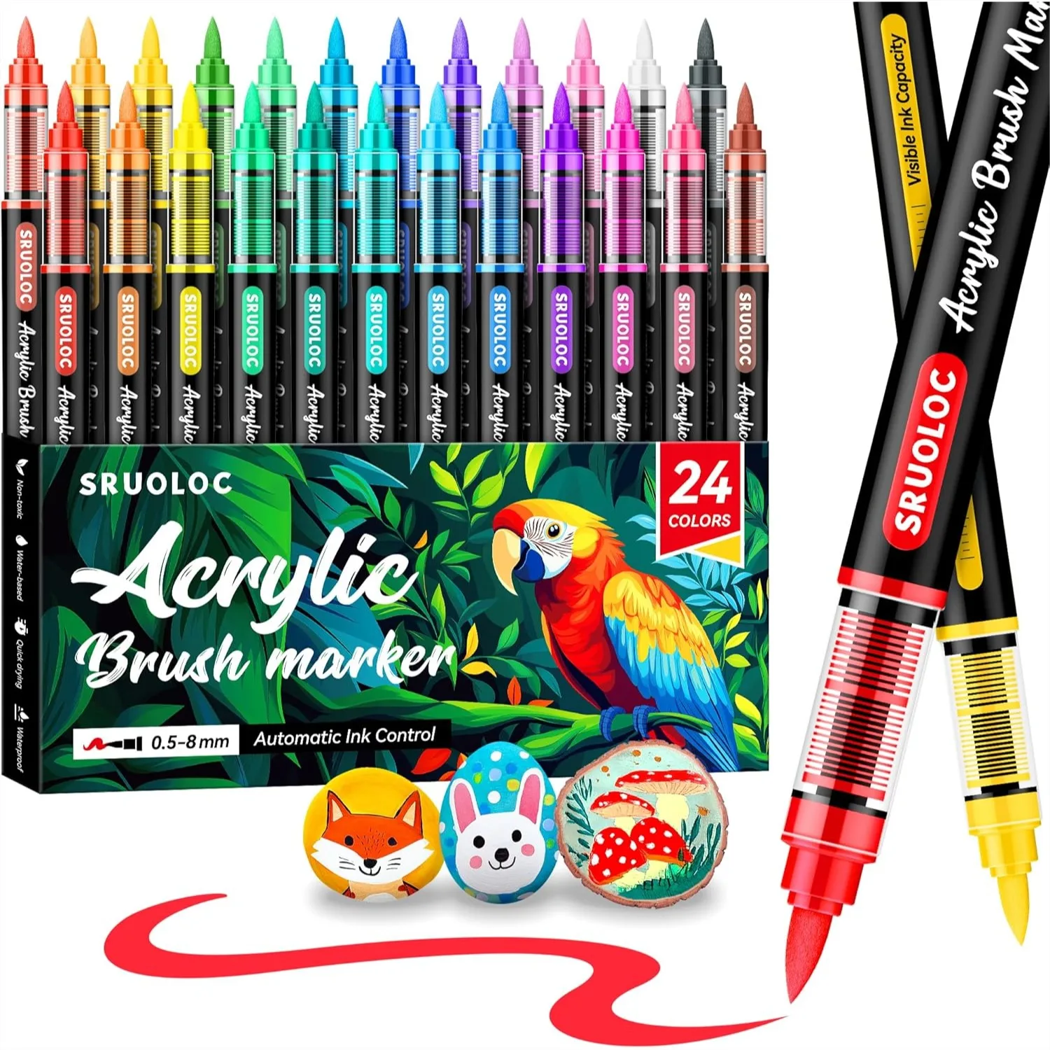 

24 Colors Acrylic Paint Markers With Brush Tip Automatic Ink Control For Rock Painting Canvas Wood Ceramic Glass Stone Fabric DIY Crafts