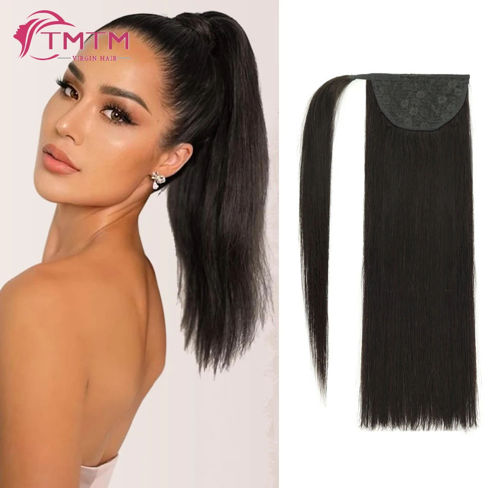 

Straight Ponytail Human Hair Extension Wrap Around Horsetail 100% Brazilian Natural Black Remy Hair Clip in Ponytail Extensions