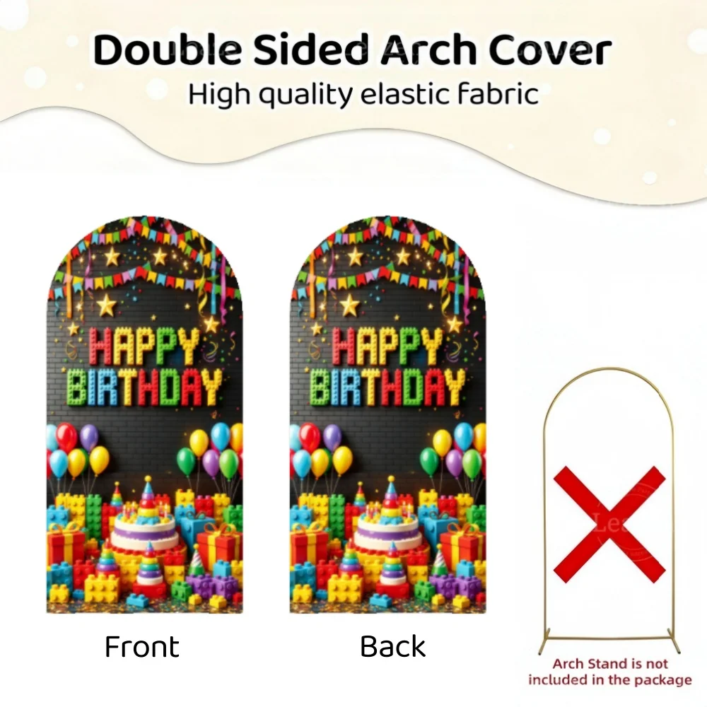 Colorful Building Blocks Happy Birthday Arch Backdrop Cover Kids Happy Birthday Decoration Double Sided Arch Cover Background