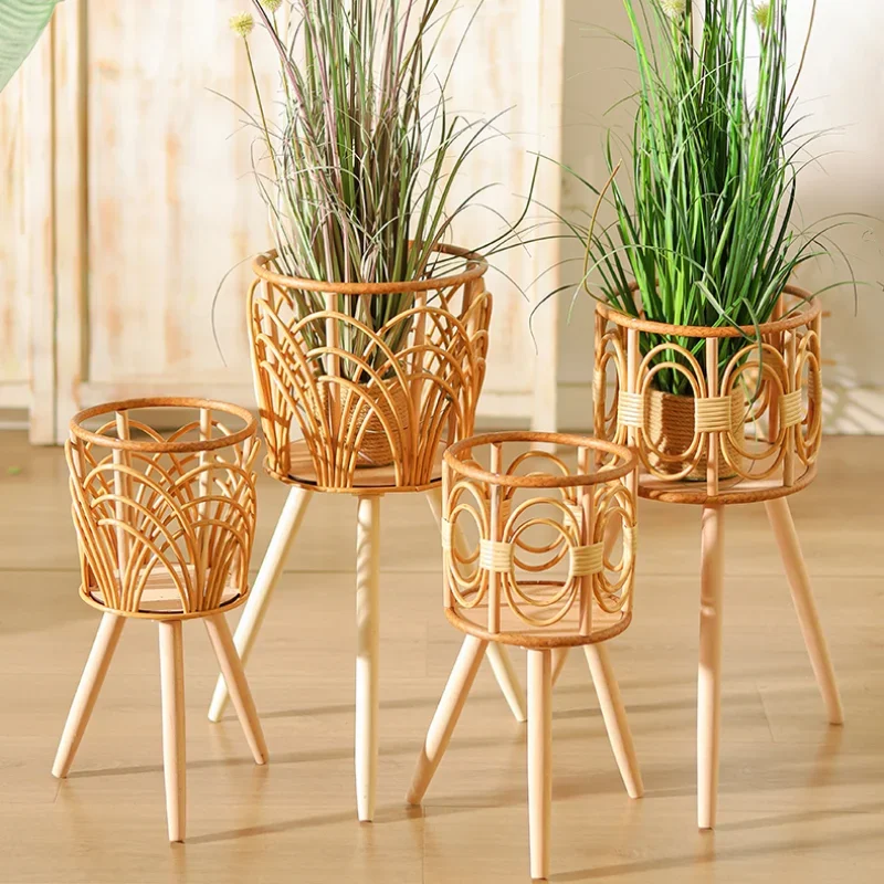 Suporte de planta de rattan de pouso alto estilo nórdico oco suporte de flores elegante decoração para casa prateleira varanda decoração venda quente