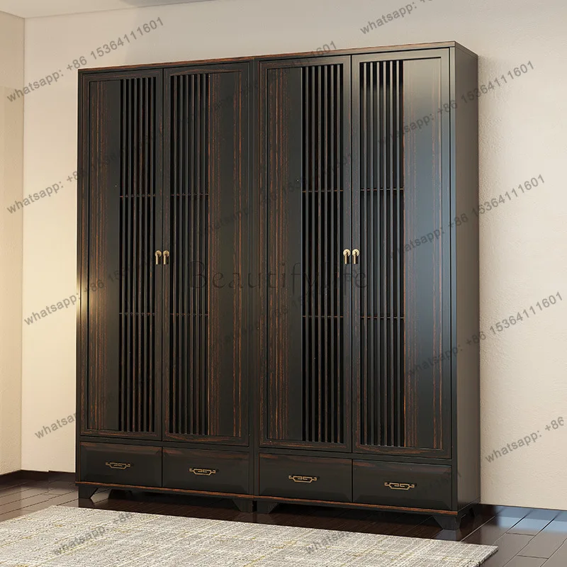 New Chinese-style golden silk sandalwood all-solid wood swing door four-door wardrobe storage wardrobe