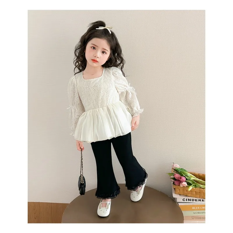 Girls' Bubble Sleeves Square Neck Top Micro Pull up Pants Two Piece Set for Girls in 2026 Spring and Autumn Charm Cute Set