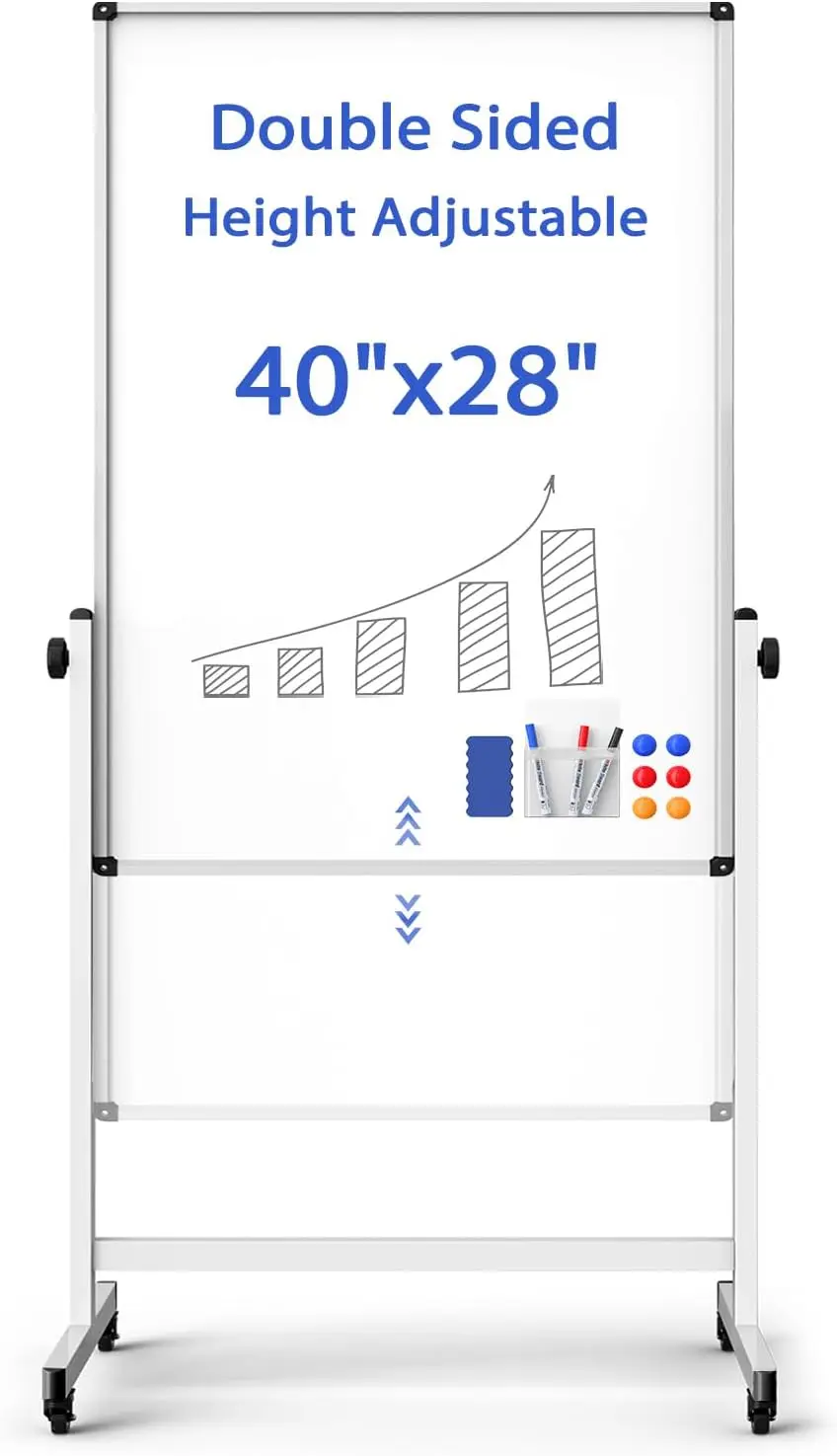 

Double-Sided Magnetic Dry Erase Board on Wheels, Adjustable Height Rolling Whiteboard for Office, Classroom, Home (28" x 40")