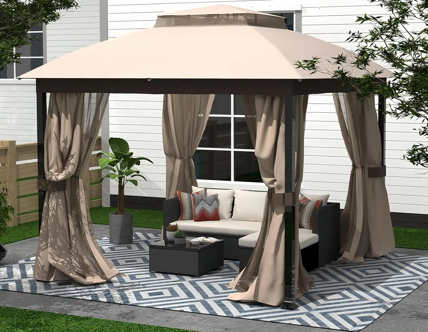 Outdoor Patio Gazebo 10x10 FT, Soft Top Gazebo Canopy with Double Roof, Square Metal Frame, Mosquito Netting &, Customized