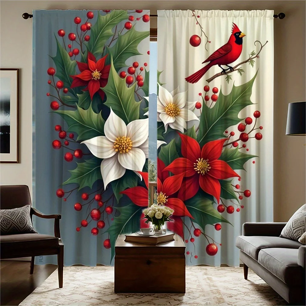 2pcs Festive Christmas Curtains with Snowflake & Cardinal Design - Red & Blue Polyester Flannel, Semi-Transparent, Rod Pocket